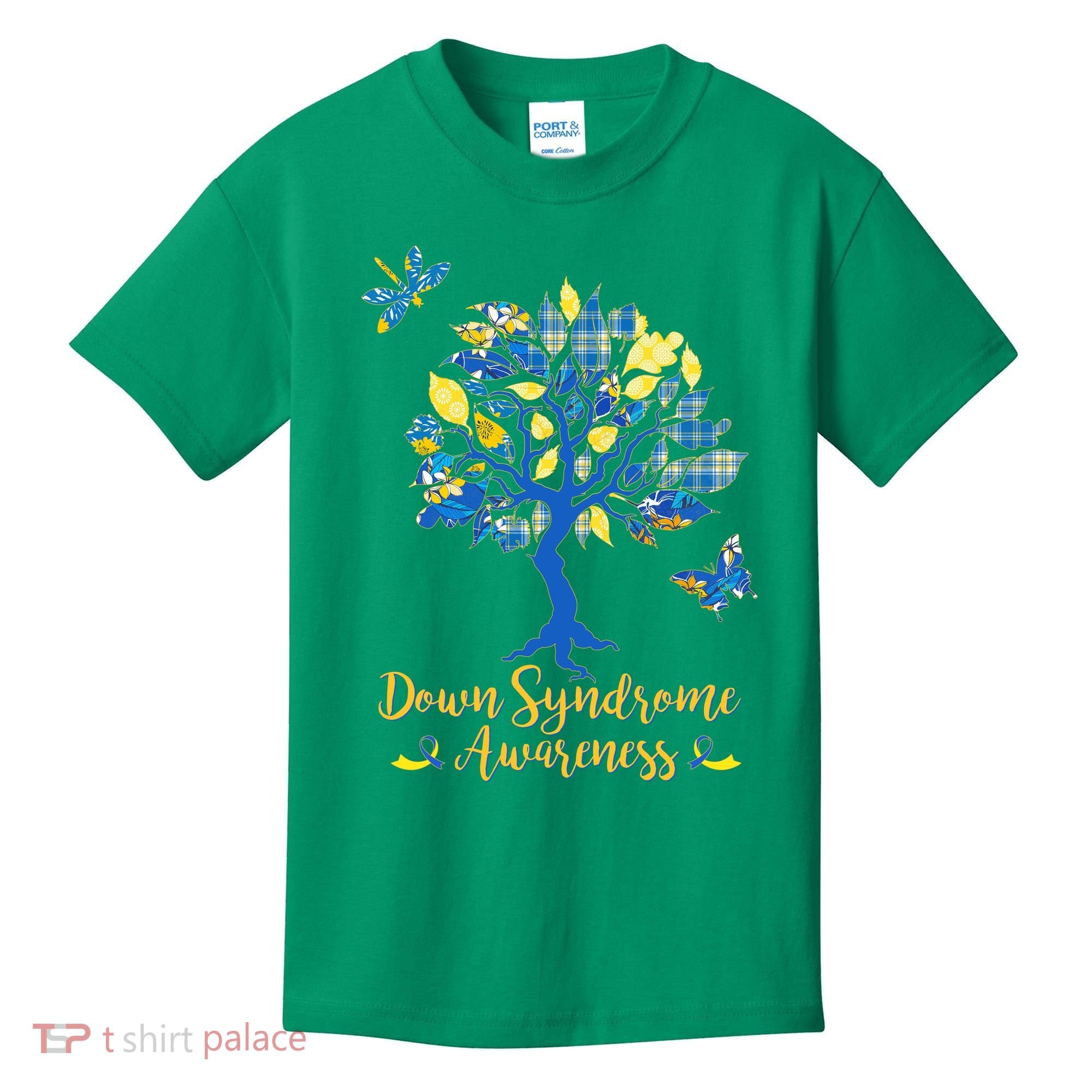 Cute Down Syndrome Awareness Blue Yellow Tree Kids T-Shirt