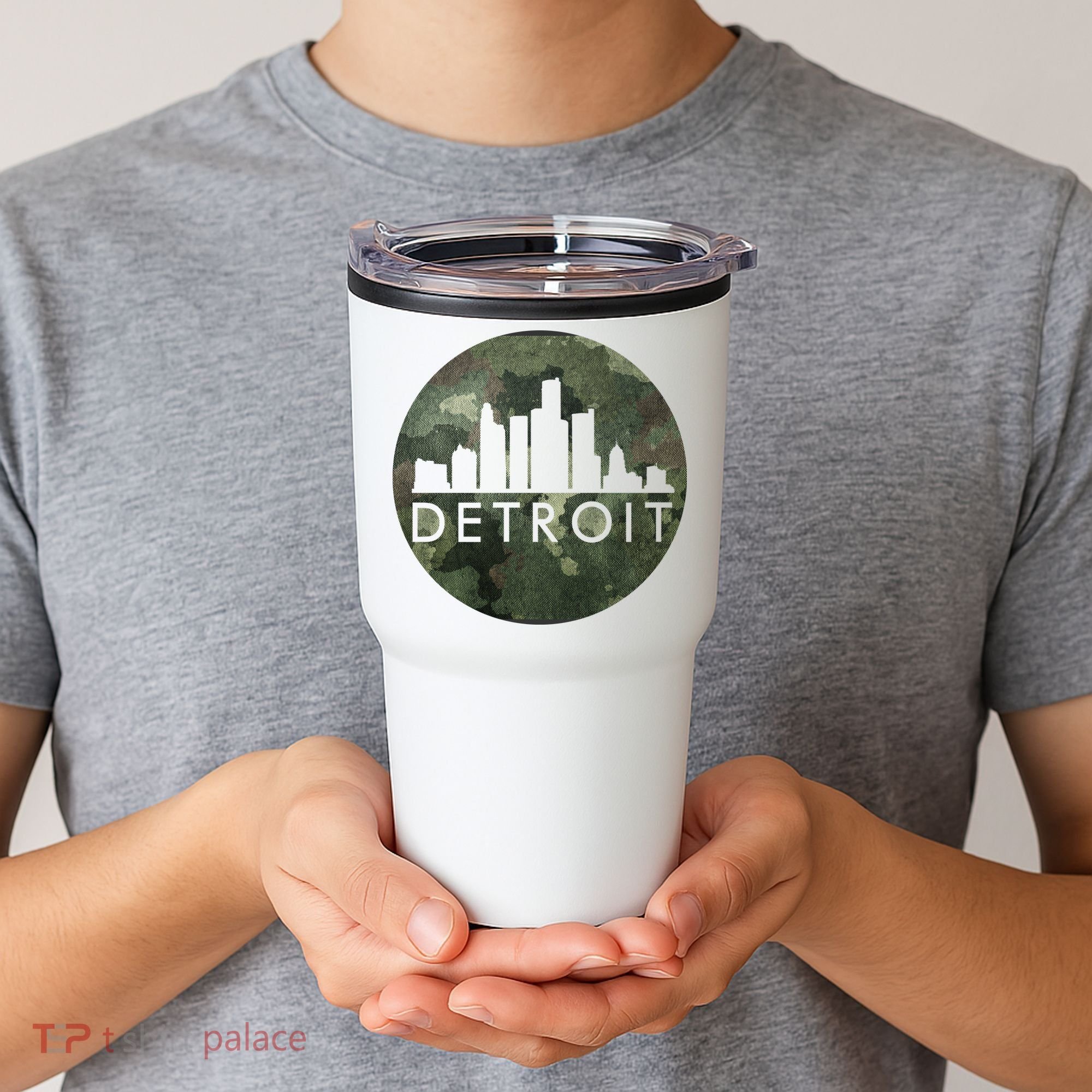 Camo Detroit Skyline Logo Tumbler