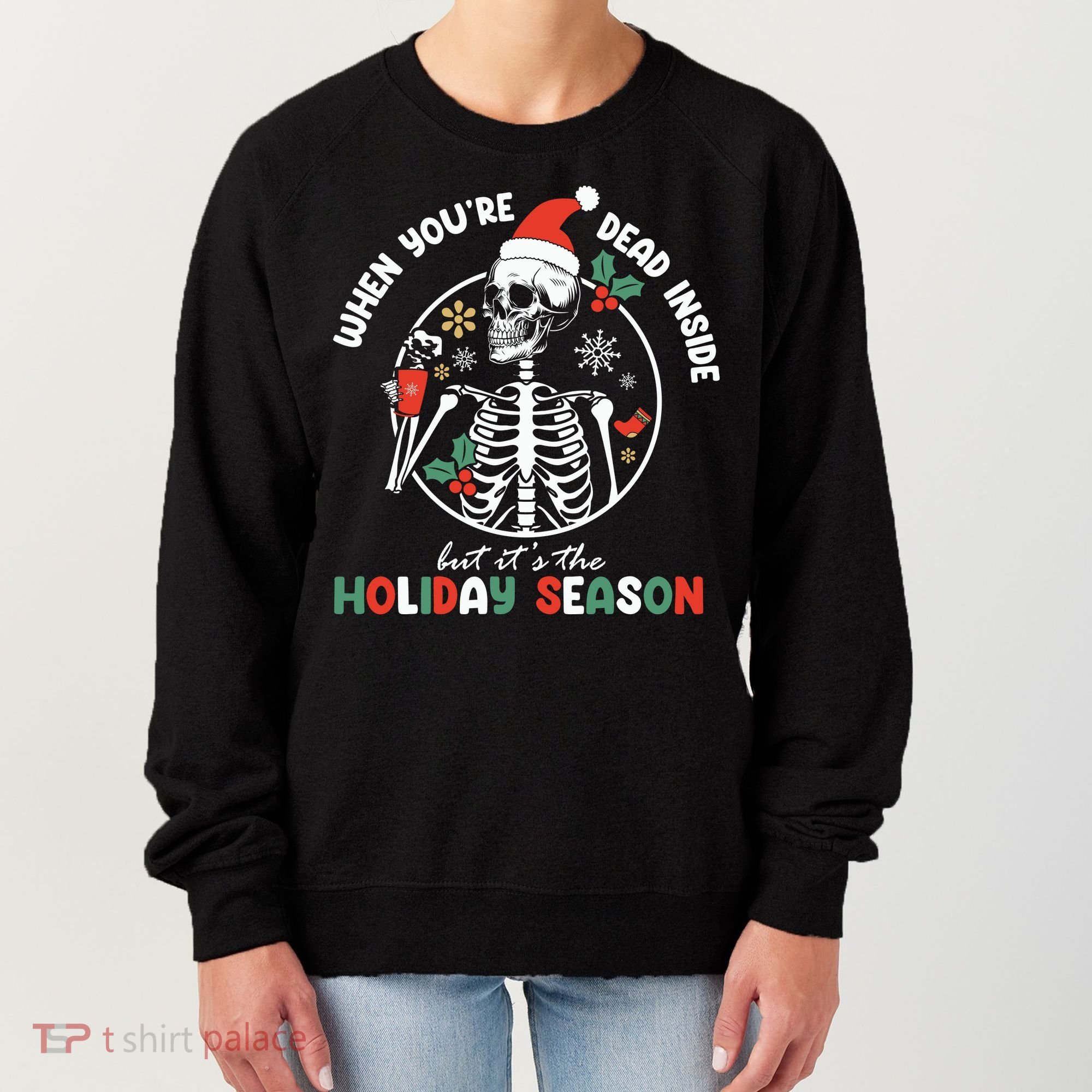 Coffee Drinking Skeleton Christmas Skull Santa Hat Xmas Women's Sweatshirt