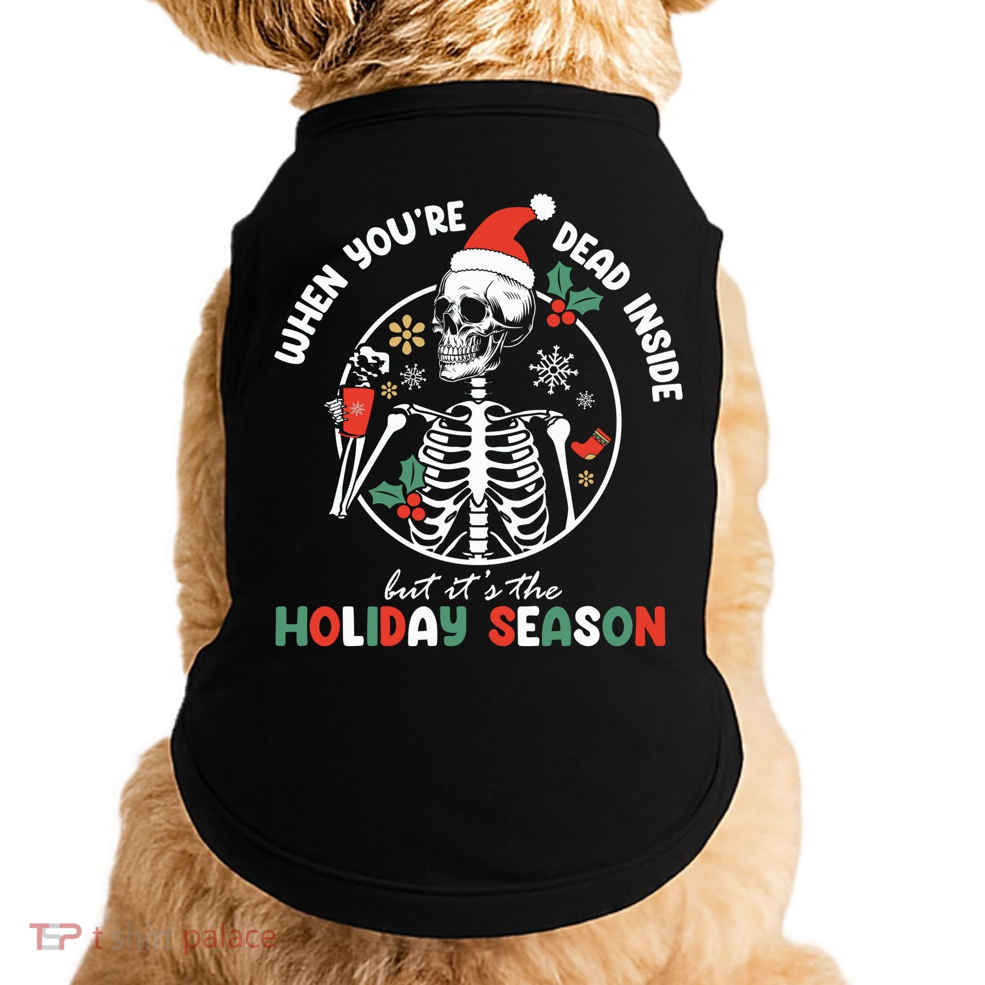 Coffee Drinking Skeleton Christmas Skull Santa Hat Xmas Doggie Tank