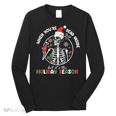 Coffee Drinking Skeleton Christmas Skull Santa Hat Xmas Long Sleeve Shirt