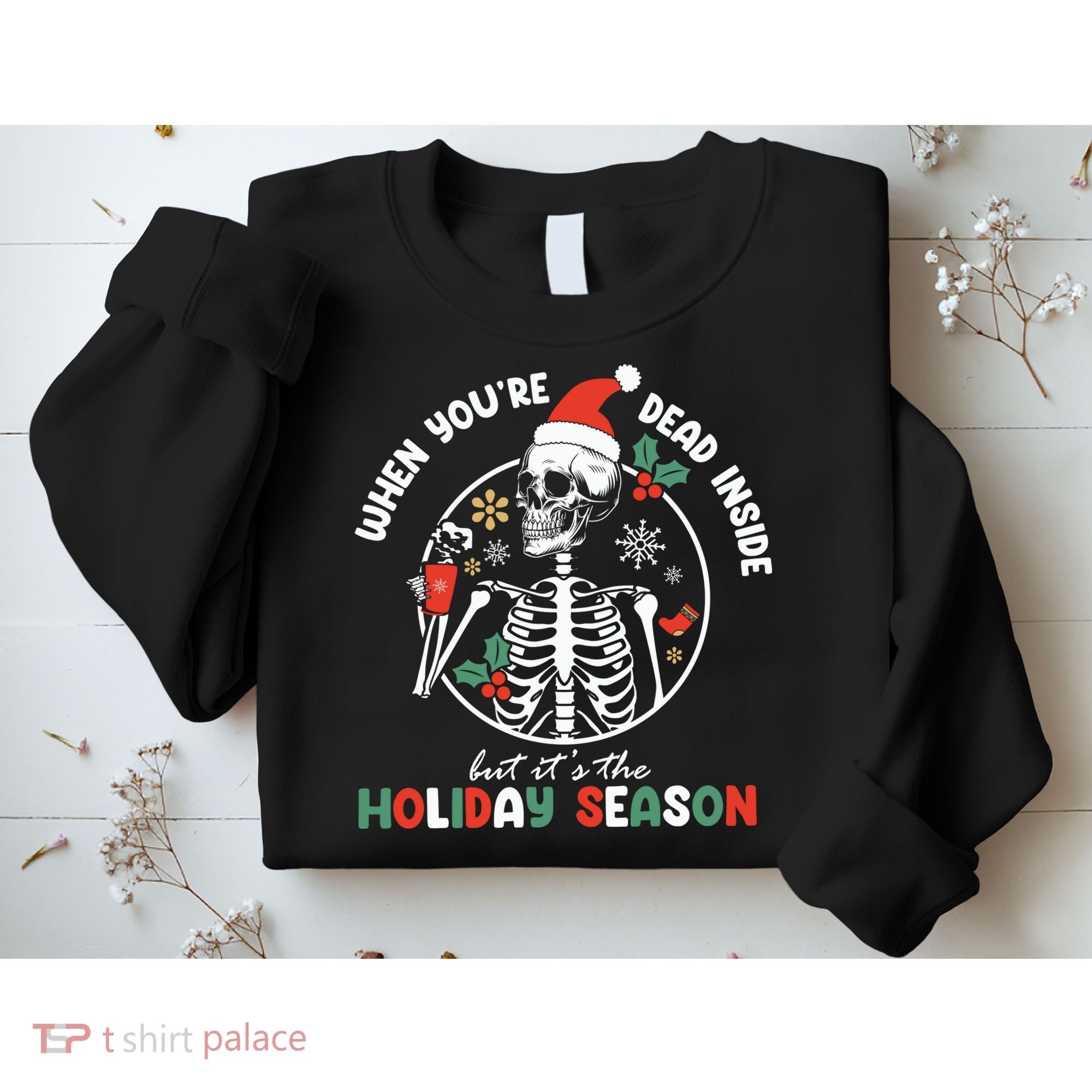 Coffee Drinking Skeleton Christmas Skull Santa Hat Xmas Sweatshirt