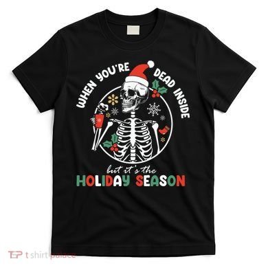 Coffee Drinking Skeleton Christmas Skull Santa Hat Xmas T-Shirt