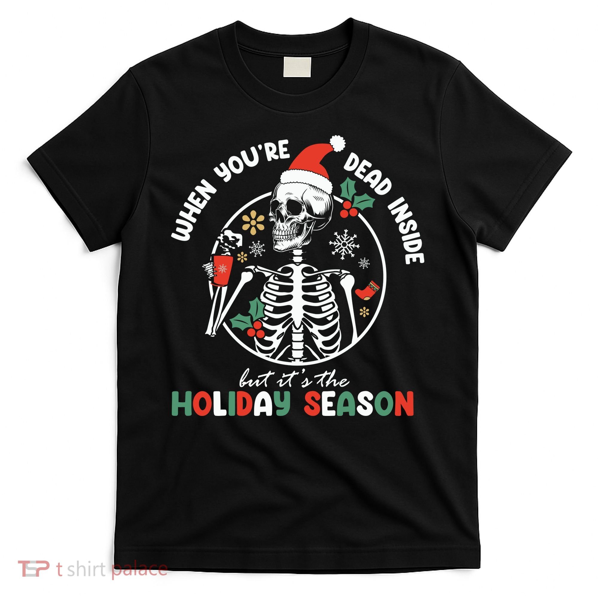 Coffee Drinking Skeleton Christmas Skull Santa Hat Xmas T-Shirt