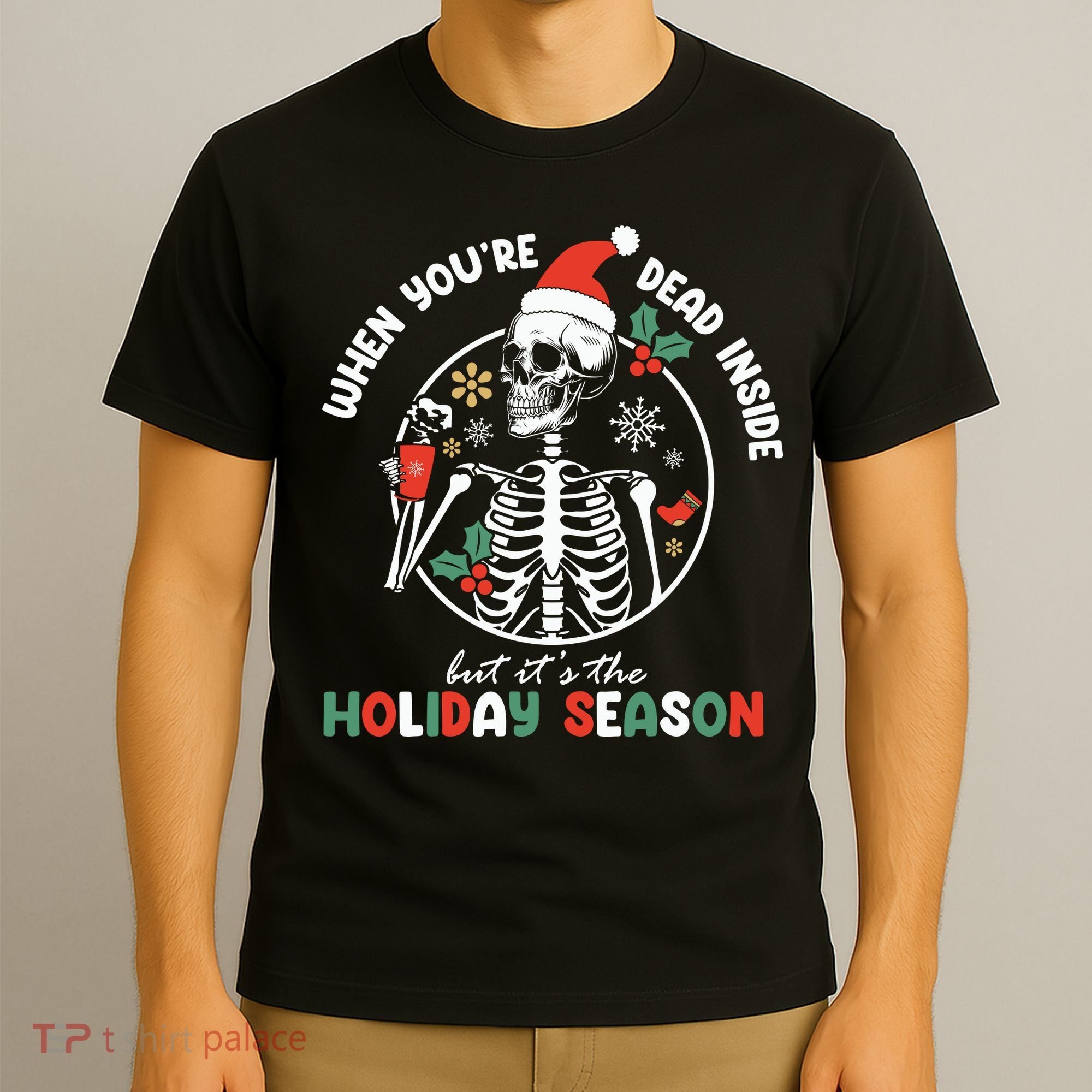 Coffee Drinking Skeleton Christmas Skull Santa Hat Xmas T-Shirt