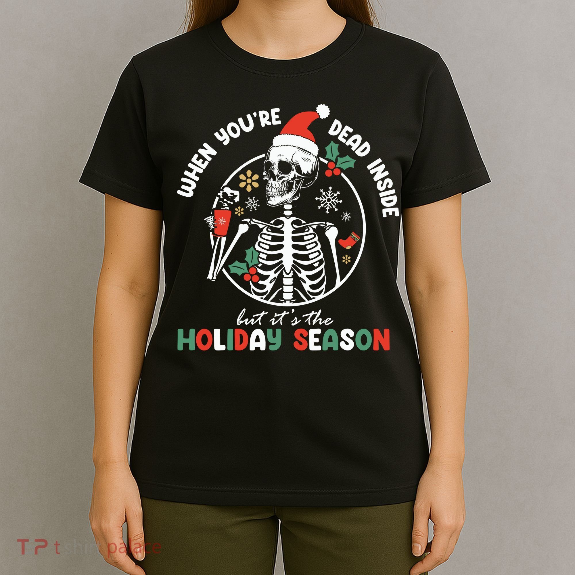Coffee Drinking Skeleton Christmas Skull Santa Hat Xmas T-Shirt