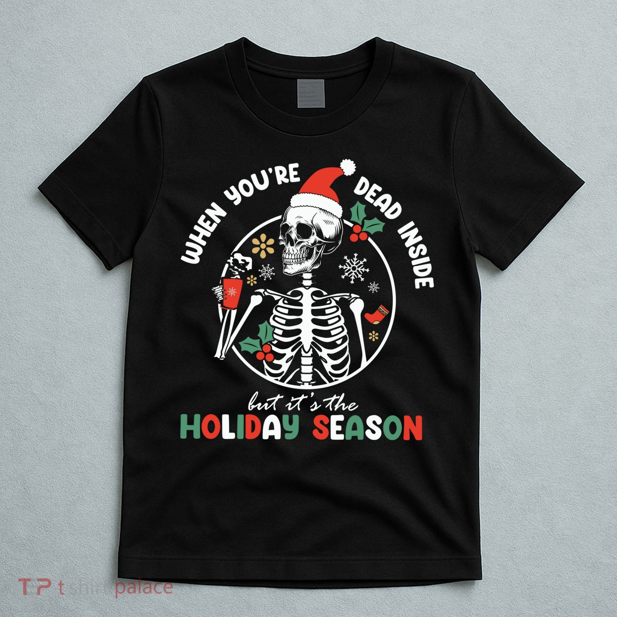 Coffee Drinking Skeleton Christmas Skull Santa Hat Xmas T-Shirt