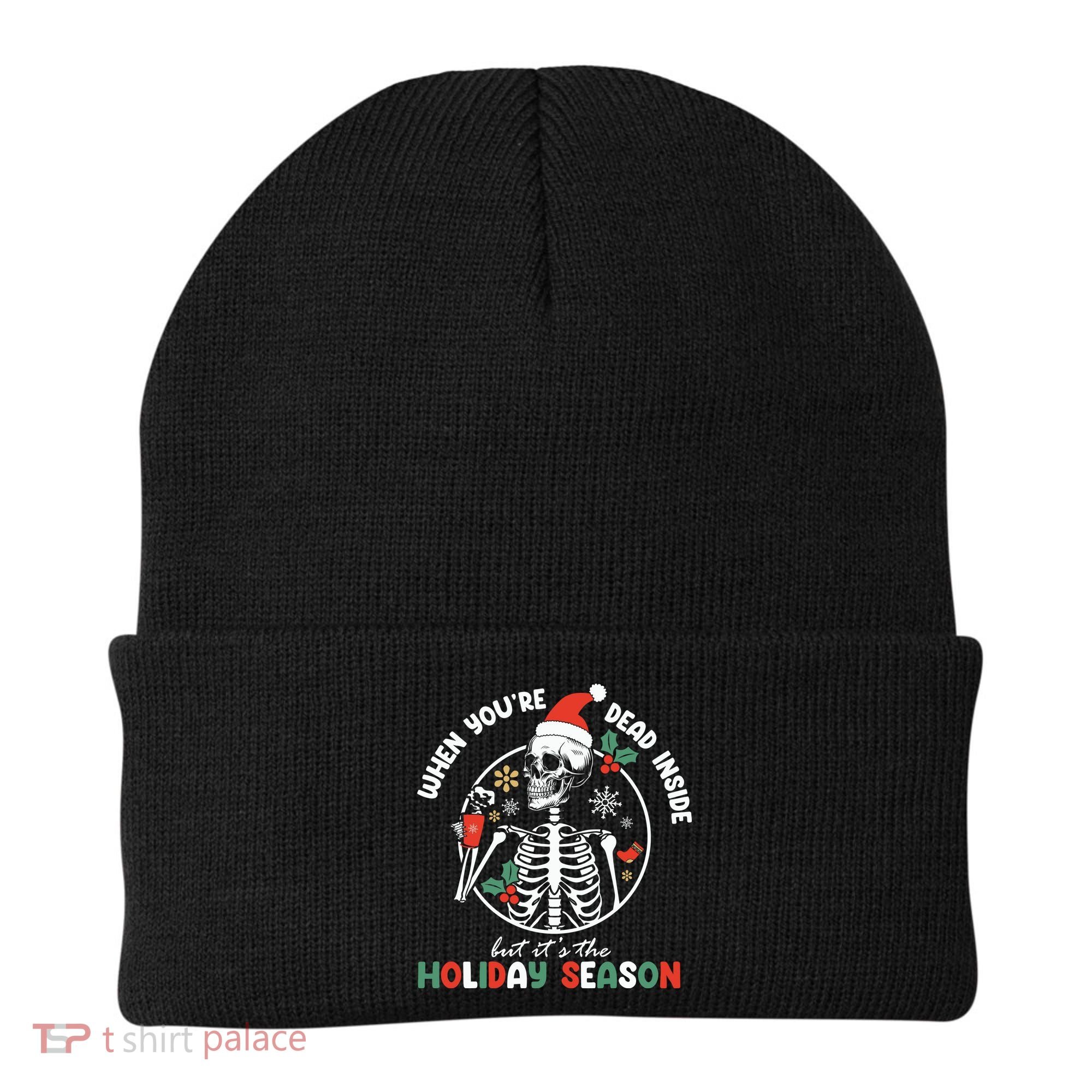 Coffee Drinking Skeleton Christmas Skull Santa Hat Xmas Beanie
