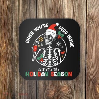 Coffee Drinking Skeleton Christmas Skull Santa Hat Xmas Coaster