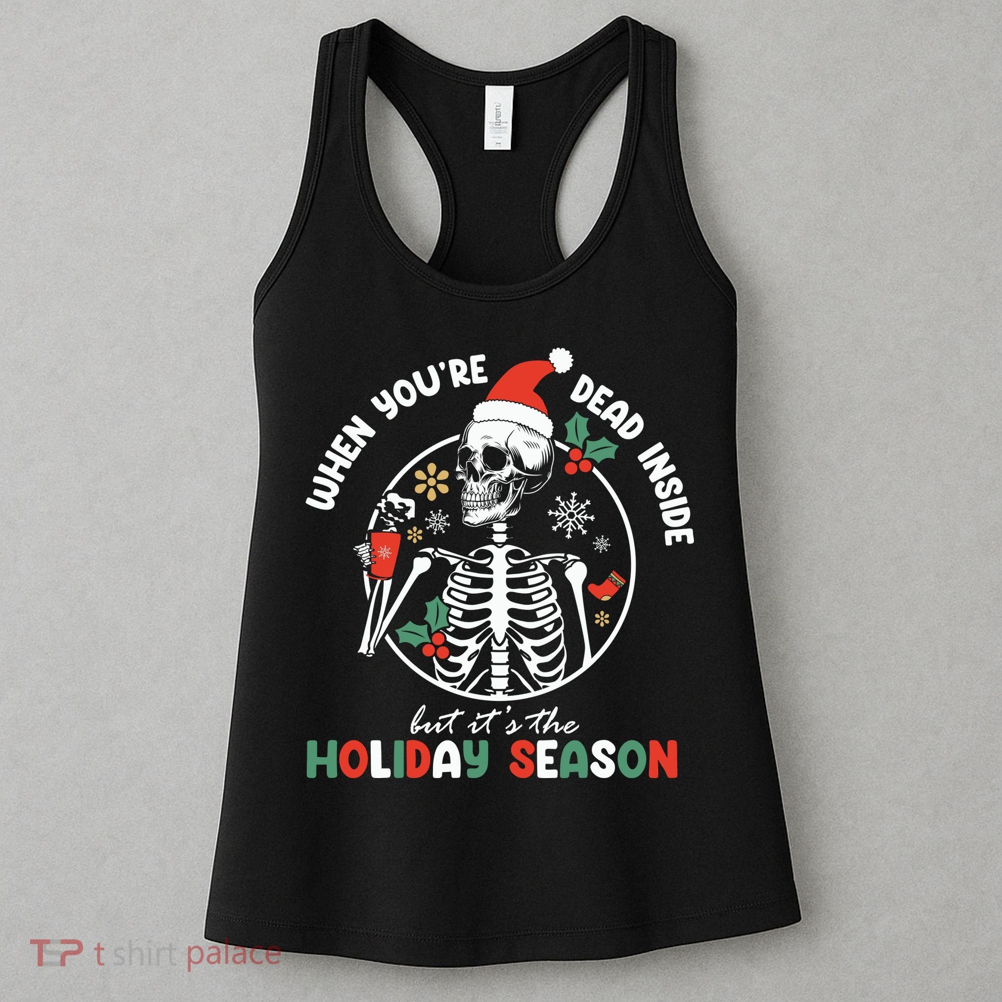 Coffee Drinking Skeleton Christmas Skull Santa Hat Xmas Women's Tank Top