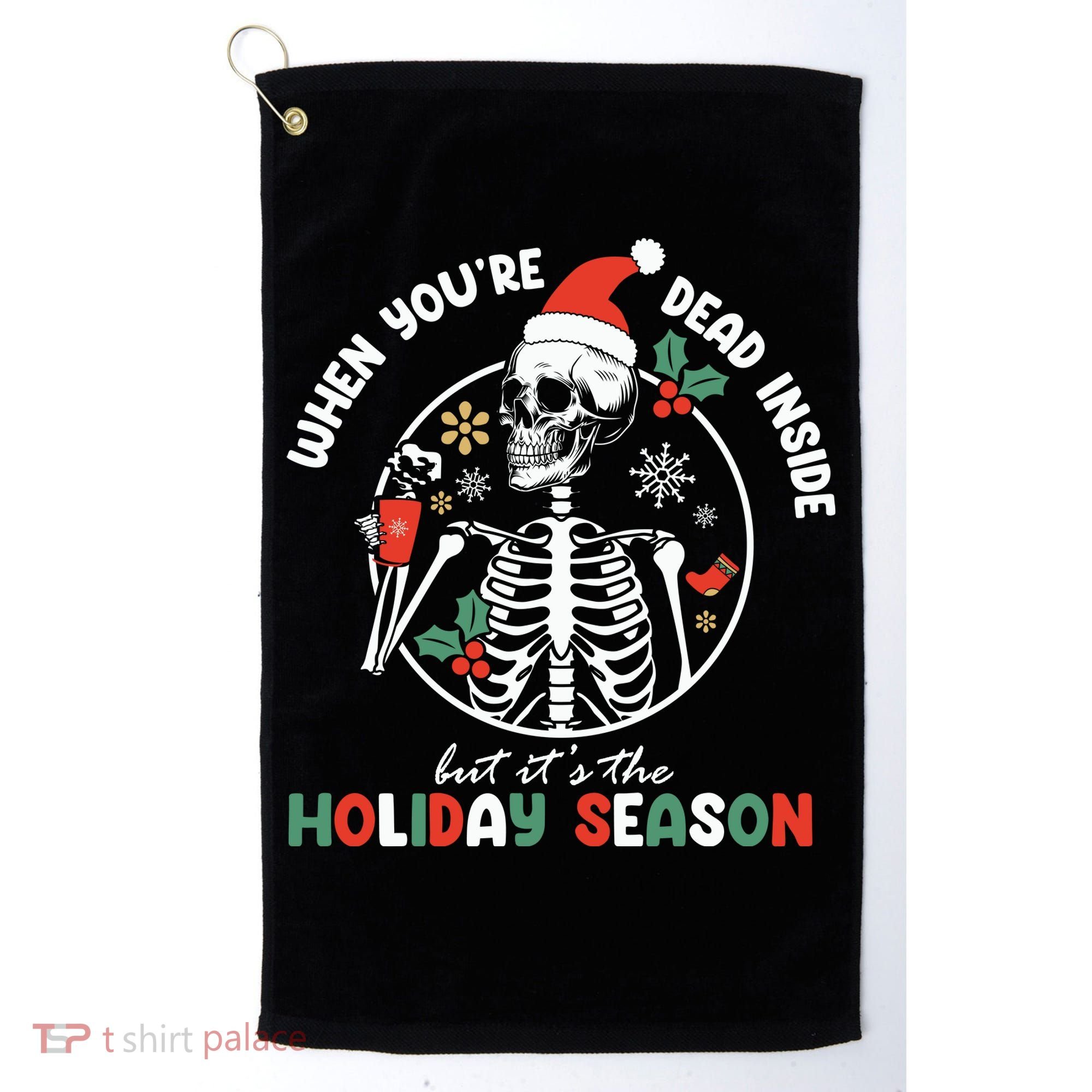 Coffee Drinking Skeleton Christmas Skull Santa Hat Xmas Golf Towel
