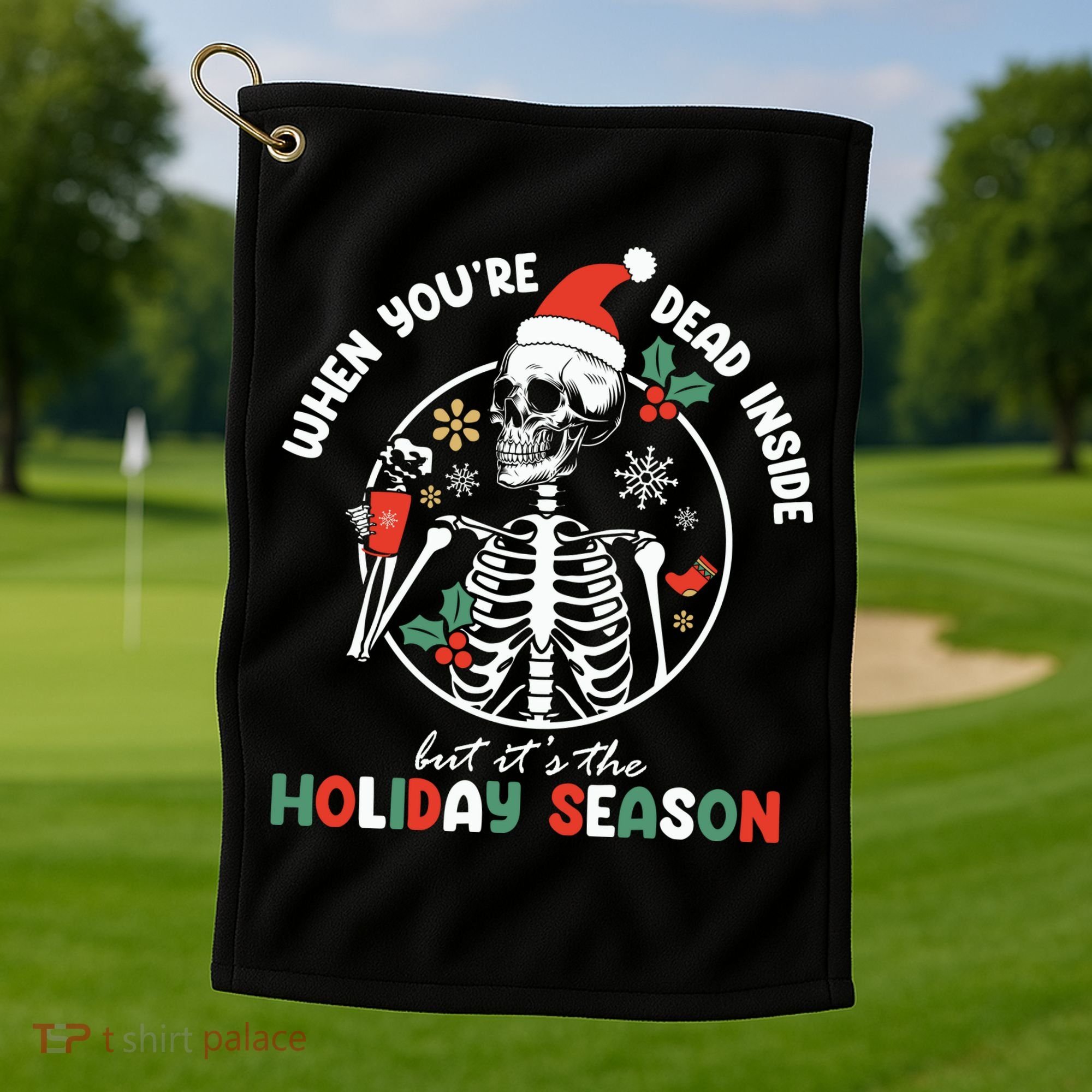 Coffee Drinking Skeleton Christmas Skull Santa Hat Xmas Golf Towel