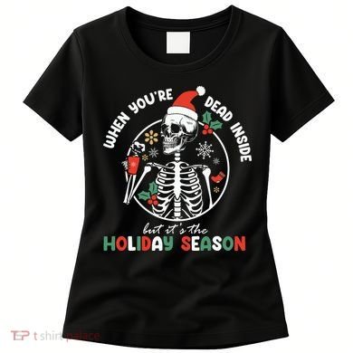 Coffee Drinking Skeleton Christmas Skull Santa Hat Xmas Women's T-Shirt