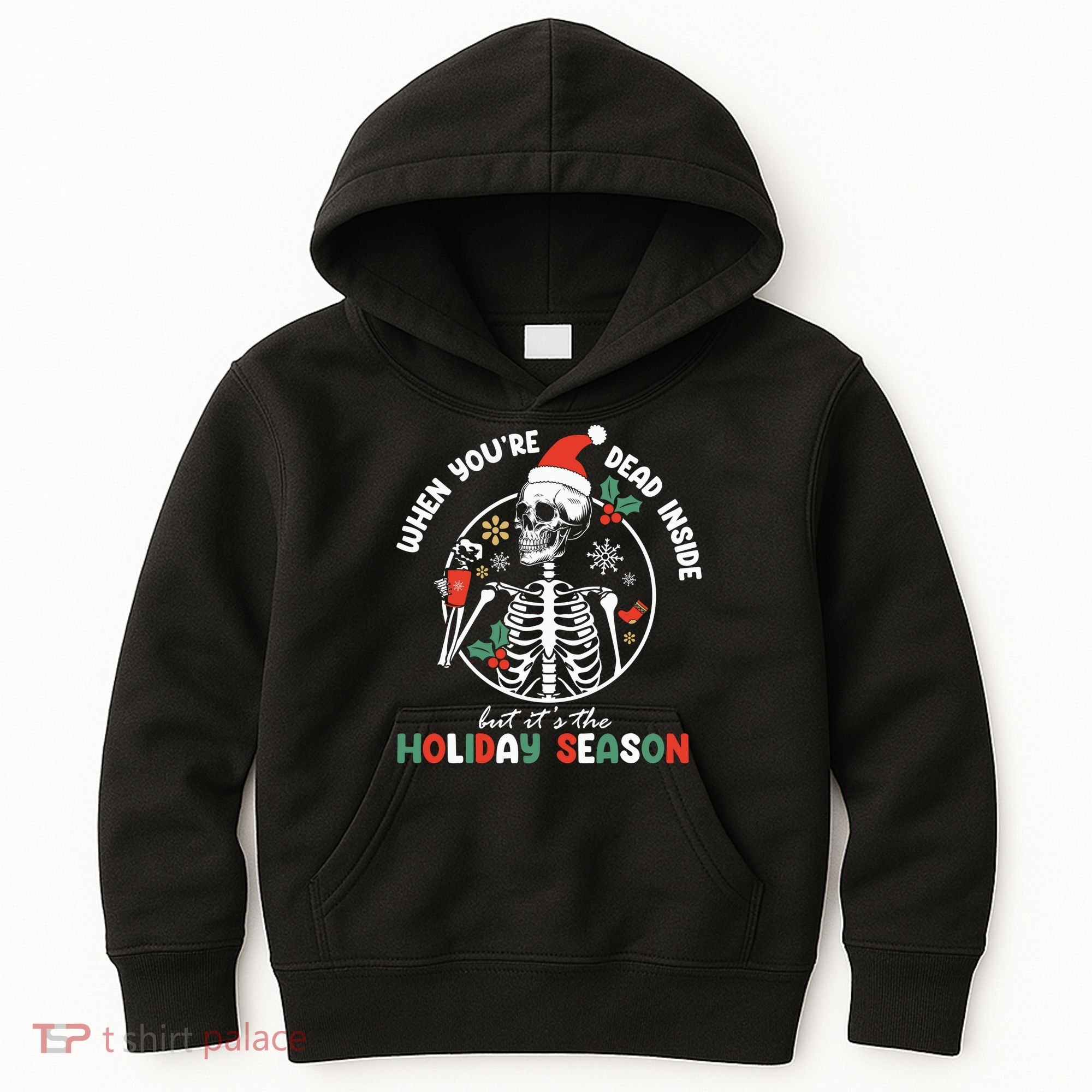 Coffee Drinking Skeleton Christmas Skull Santa Hat Xmas Kids Hoodie