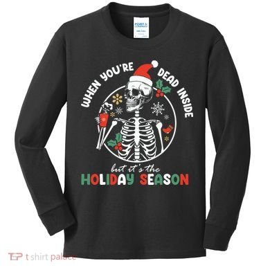 Coffee Drinking Skeleton Christmas Skull Santa Hat Xmas Kids Long Sleeve Shirt