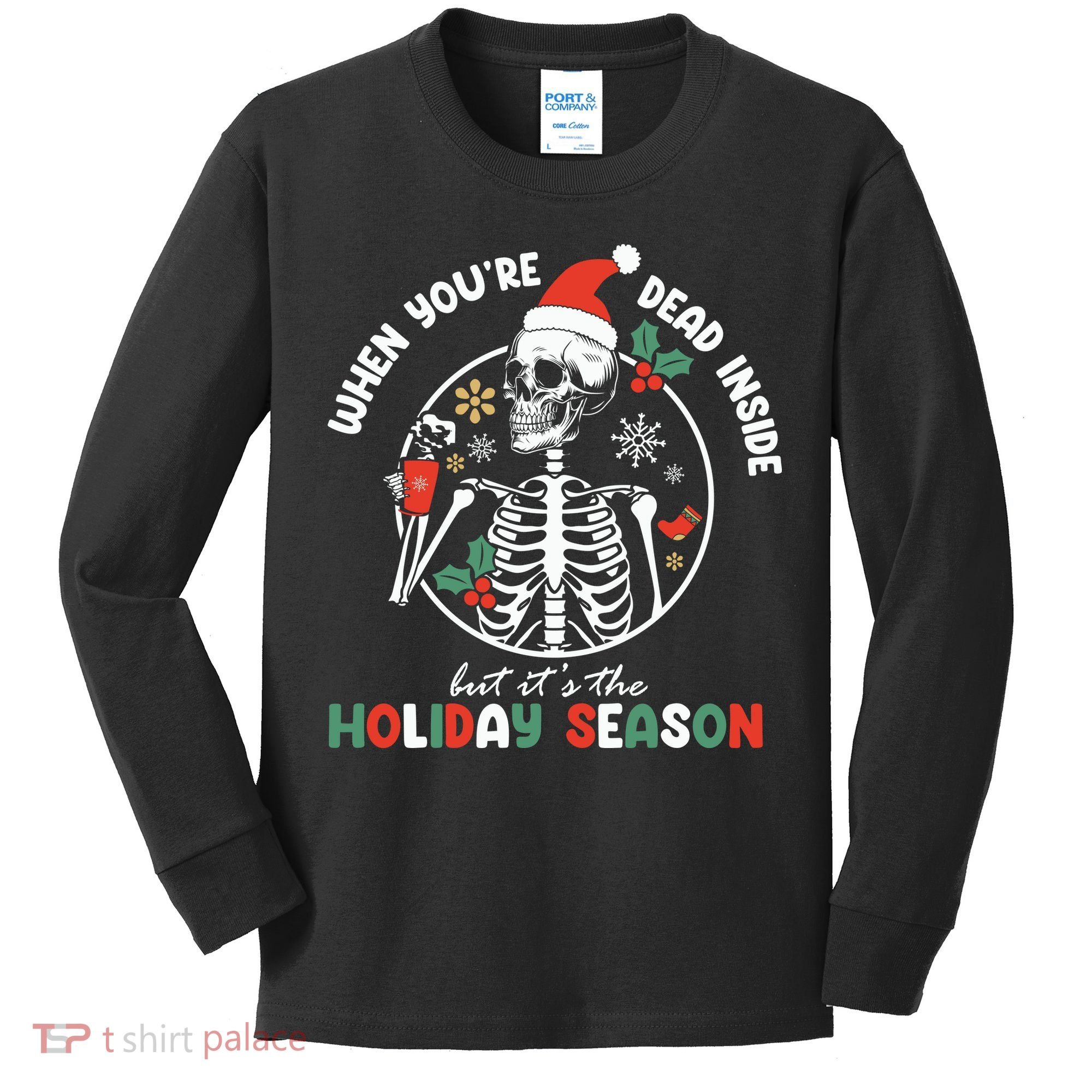 Coffee Drinking Skeleton Christmas Skull Santa Hat Xmas Kids Long Sleeve Shirt