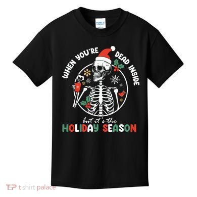 Coffee Drinking Skeleton Christmas Skull Santa Hat Xmas Kids T-Shirt