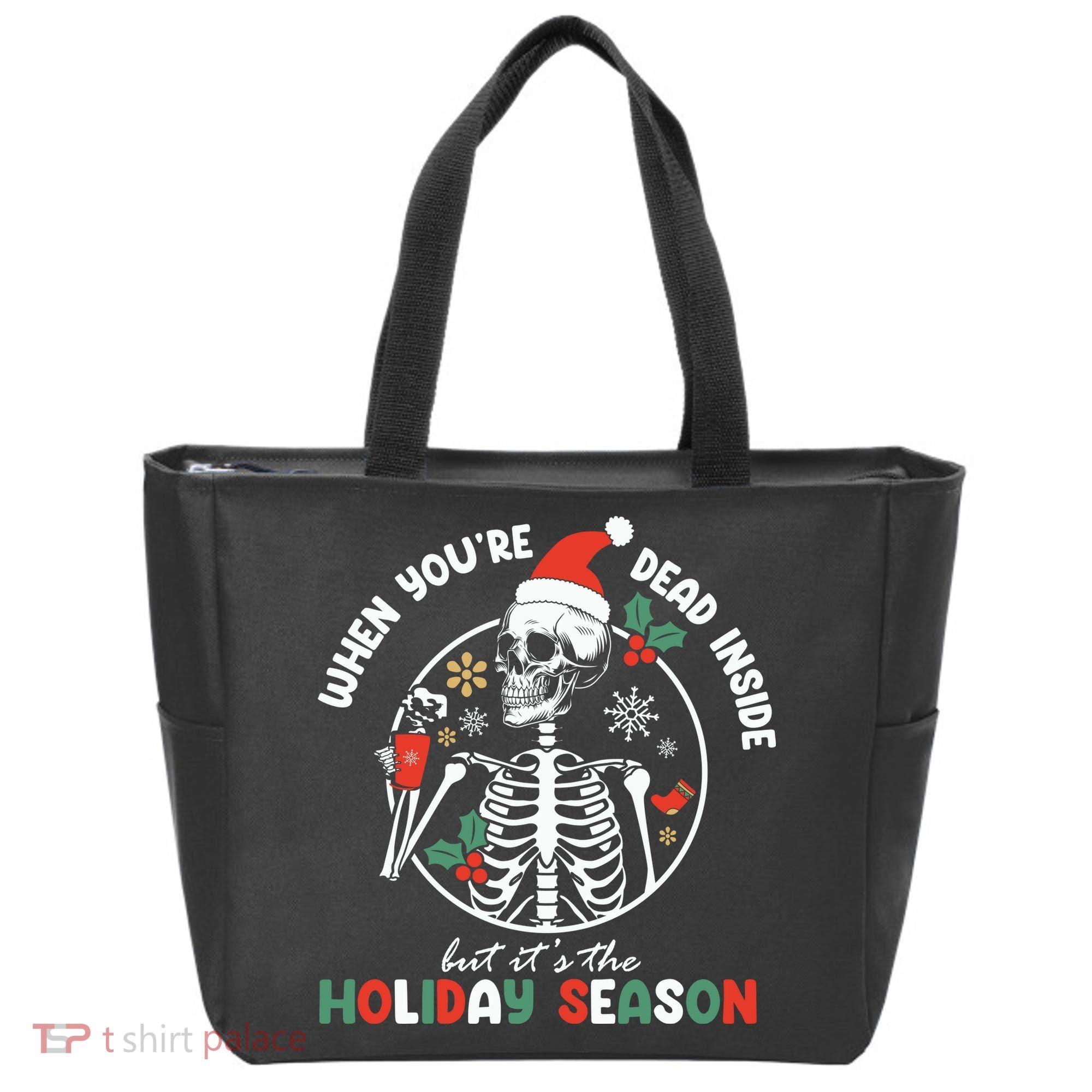 Coffee Drinking Skeleton Christmas Skull Santa Hat Xmas Tote Bag