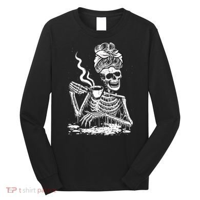 Coffee Drinking Skeleton Lazy DIY Halloween Costume Long Sleeve Shirt