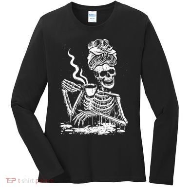 Coffee Drinking Skeleton Lazy DIY Halloween Costume Women's Long Sleeve Shirt