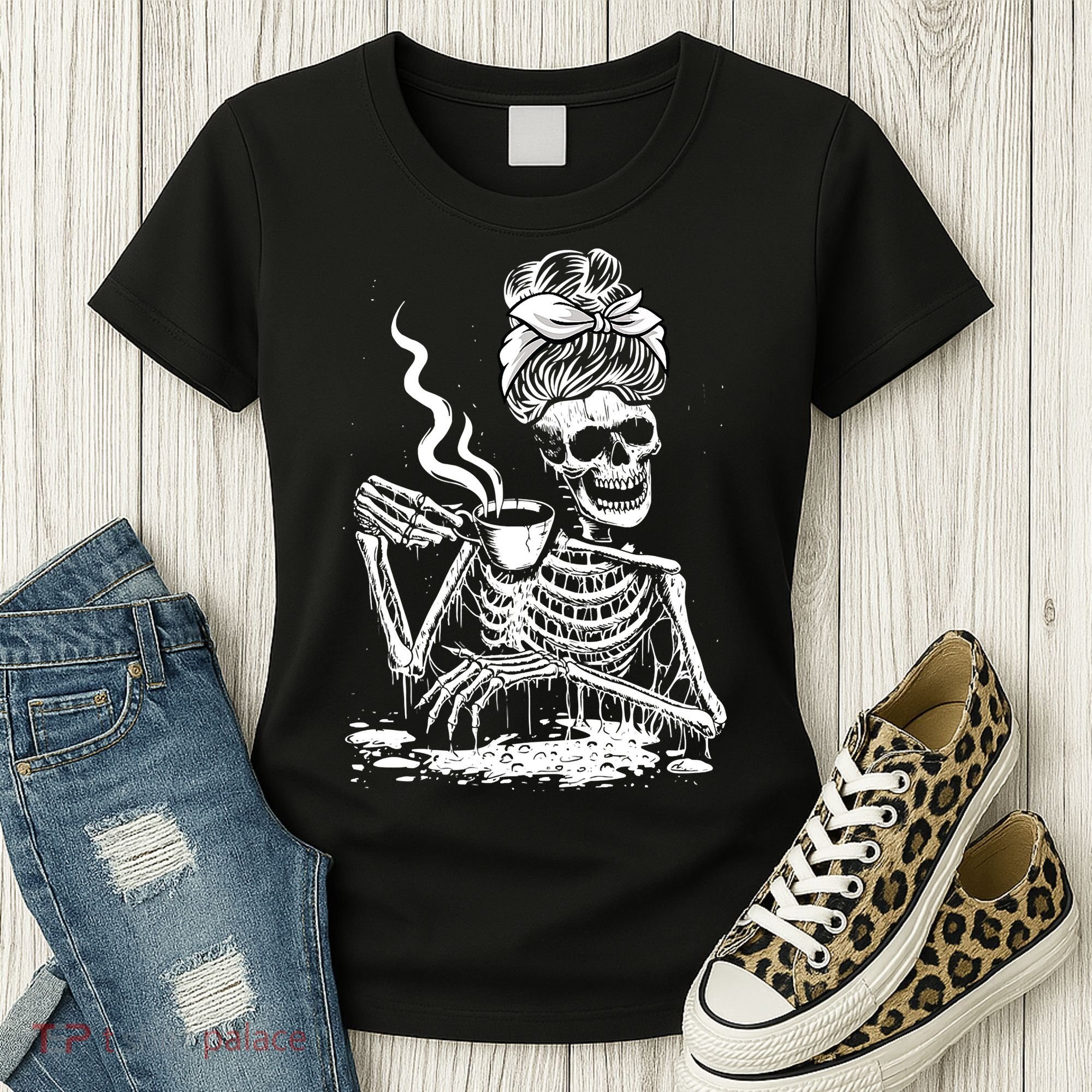 Coffee Drinking Skeleton Lazy DIY Halloween Costume Women's T-Shirt