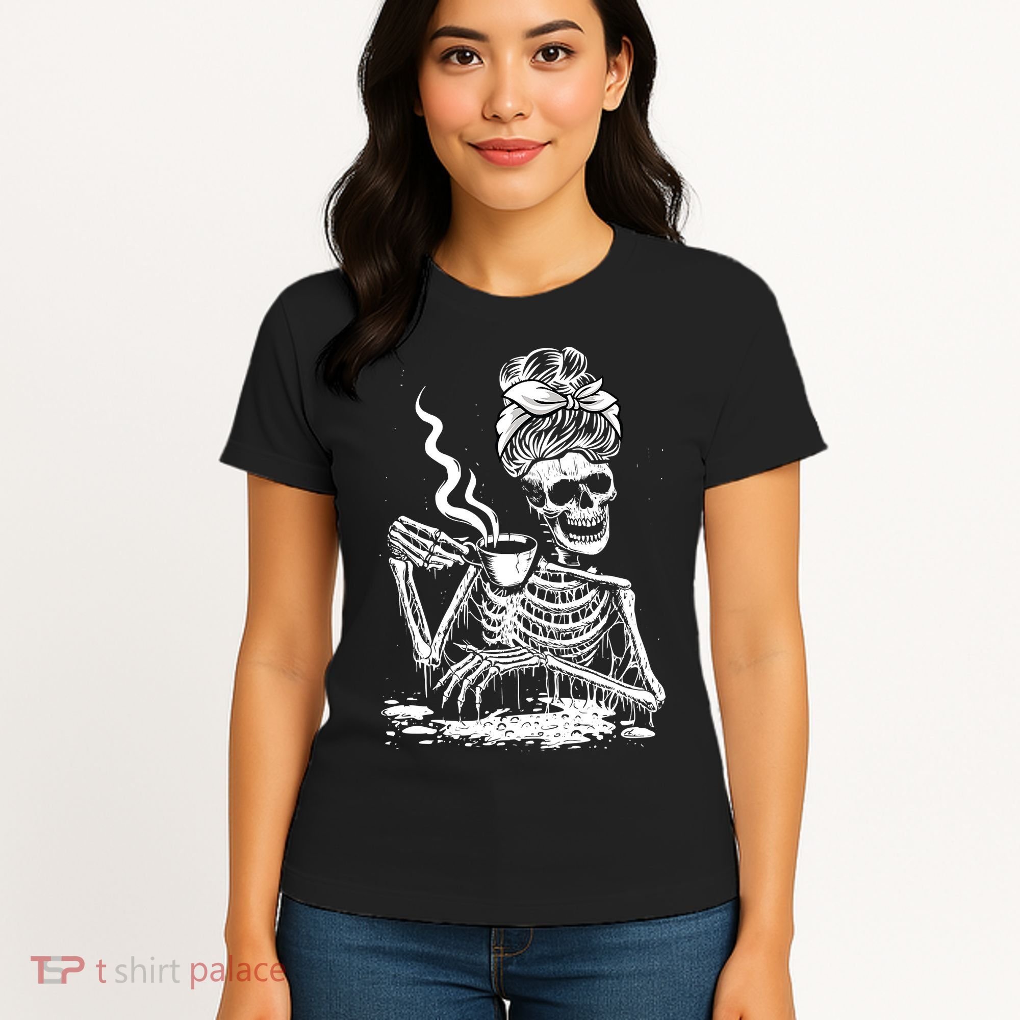 Coffee Drinking Skeleton Lazy DIY Halloween Costume Women's T-Shirt