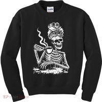 Coffee Drinking Skeleton Lazy DIY Halloween Costume Kids Sweatshirt thumb 0