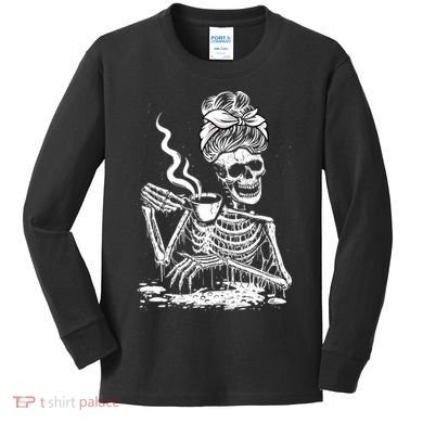 Coffee Drinking Skeleton Lazy DIY Halloween Costume Kids Long Sleeve Shirt