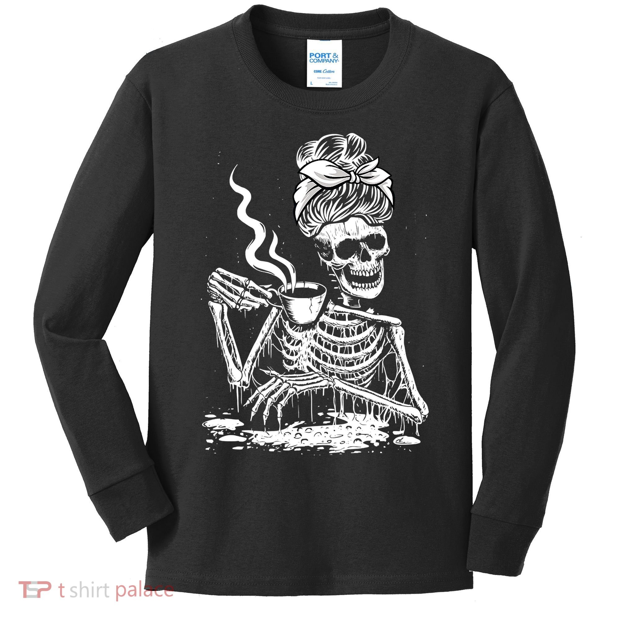 Coffee Drinking Skeleton Lazy DIY Halloween Costume Kids Long Sleeve Shirt