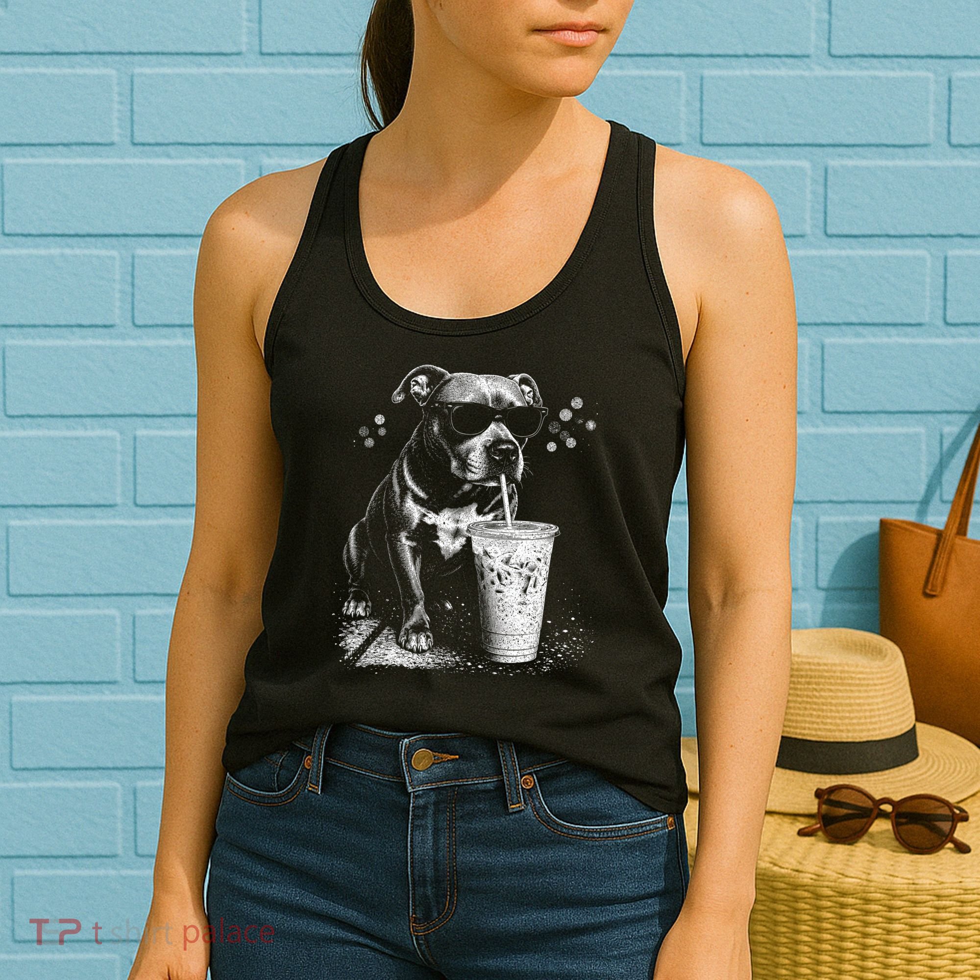 Cool Dog Sunglasses Drinking Ice Coffee Graphic Women's Tank Top