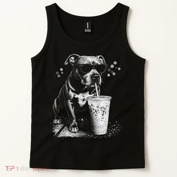 Cool Dog Sunglasses Drinking Ice Coffee Graphic Tank Top