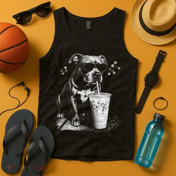 Cool Dog Sunglasses Drinking Ice Coffee Graphic Tank Top