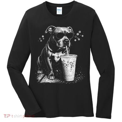 Cool Dog Sunglasses Drinking Ice Coffee Graphic Women's Long Sleeve Shirt