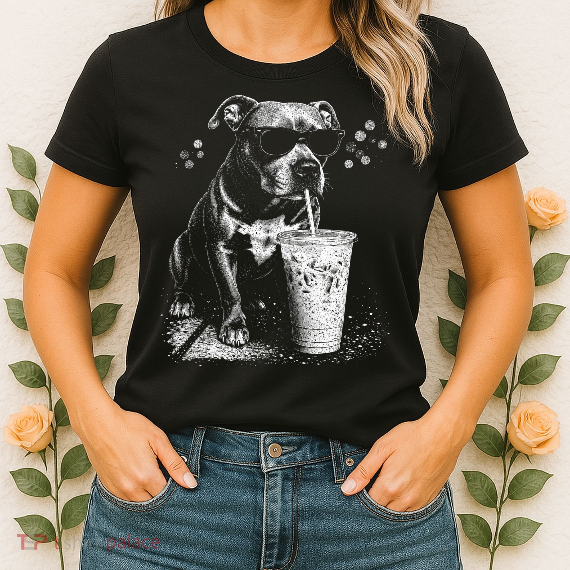Cool Dog Sunglasses Drinking Ice Coffee Graphic Women's T-Shirt