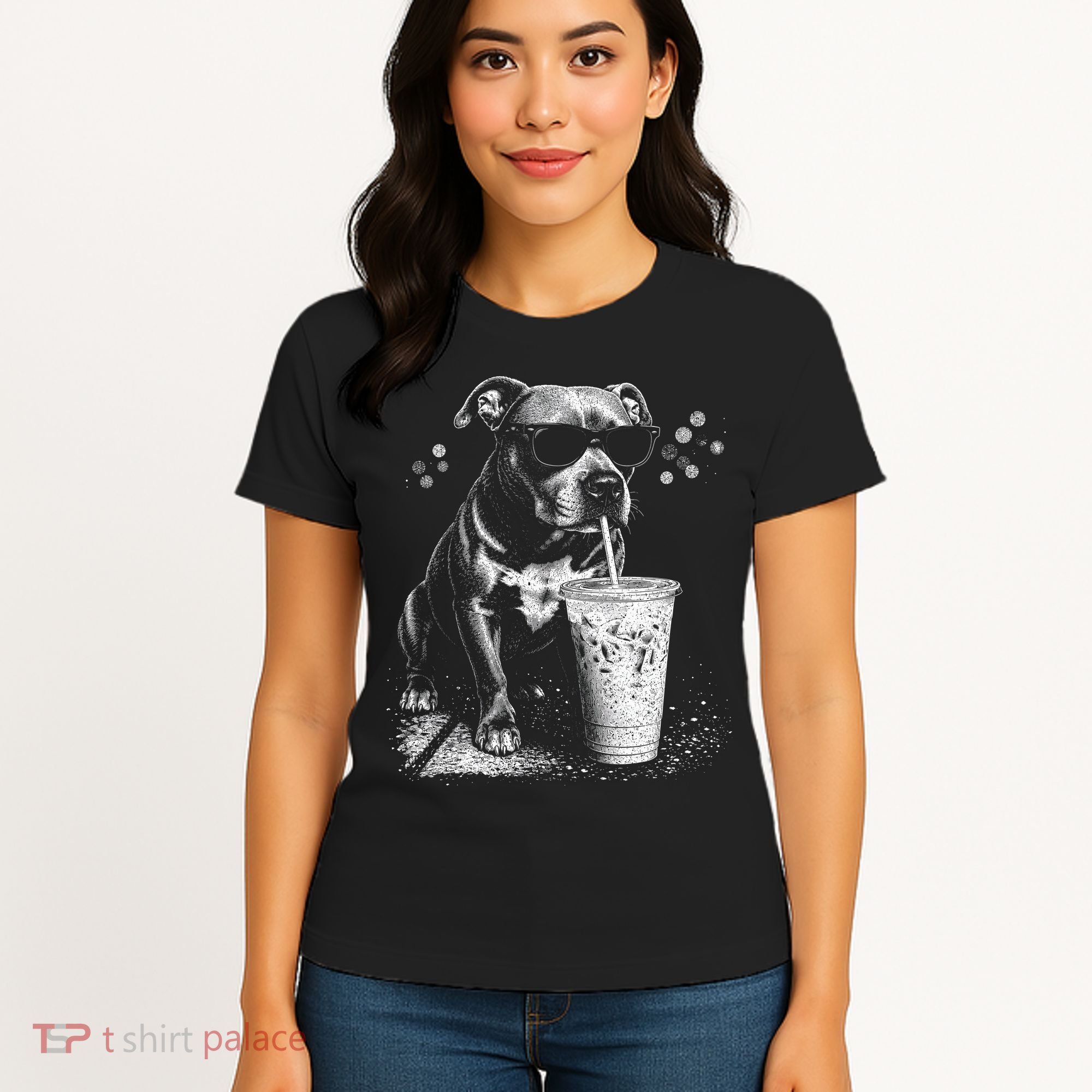 Cool Dog Sunglasses Drinking Ice Coffee Graphic Women's T-Shirt