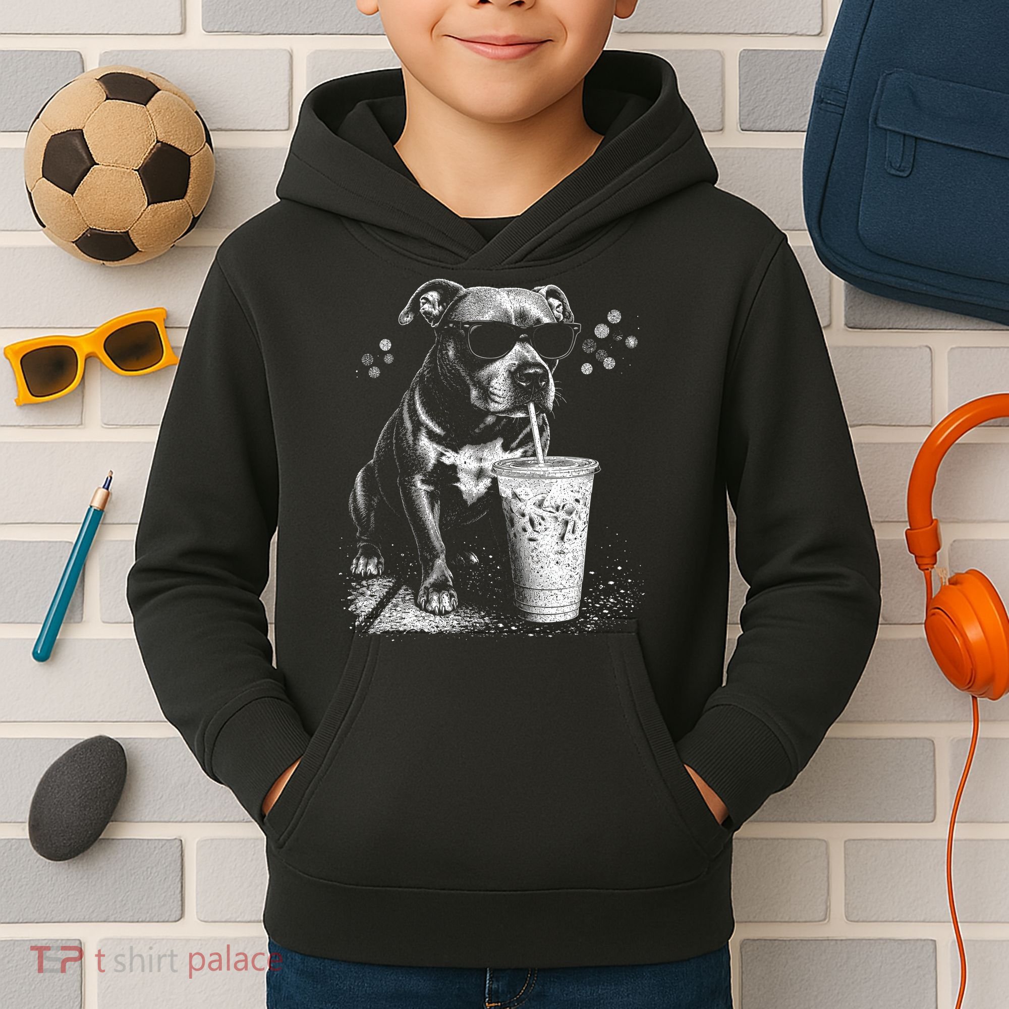 Cool Dog Sunglasses Drinking Ice Coffee Graphic Kids Hoodie