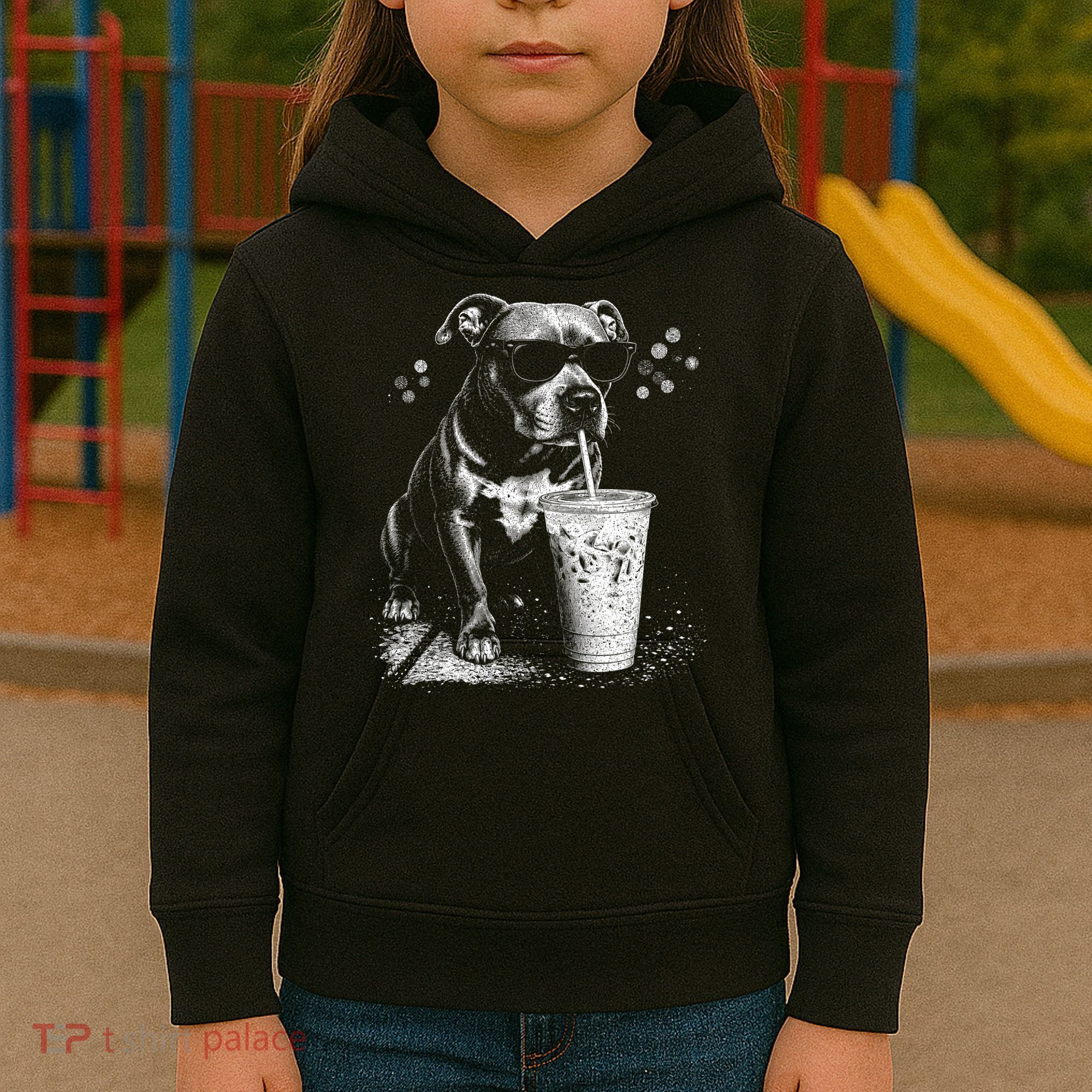 Cool Dog Sunglasses Drinking Ice Coffee Graphic Kids Hoodie