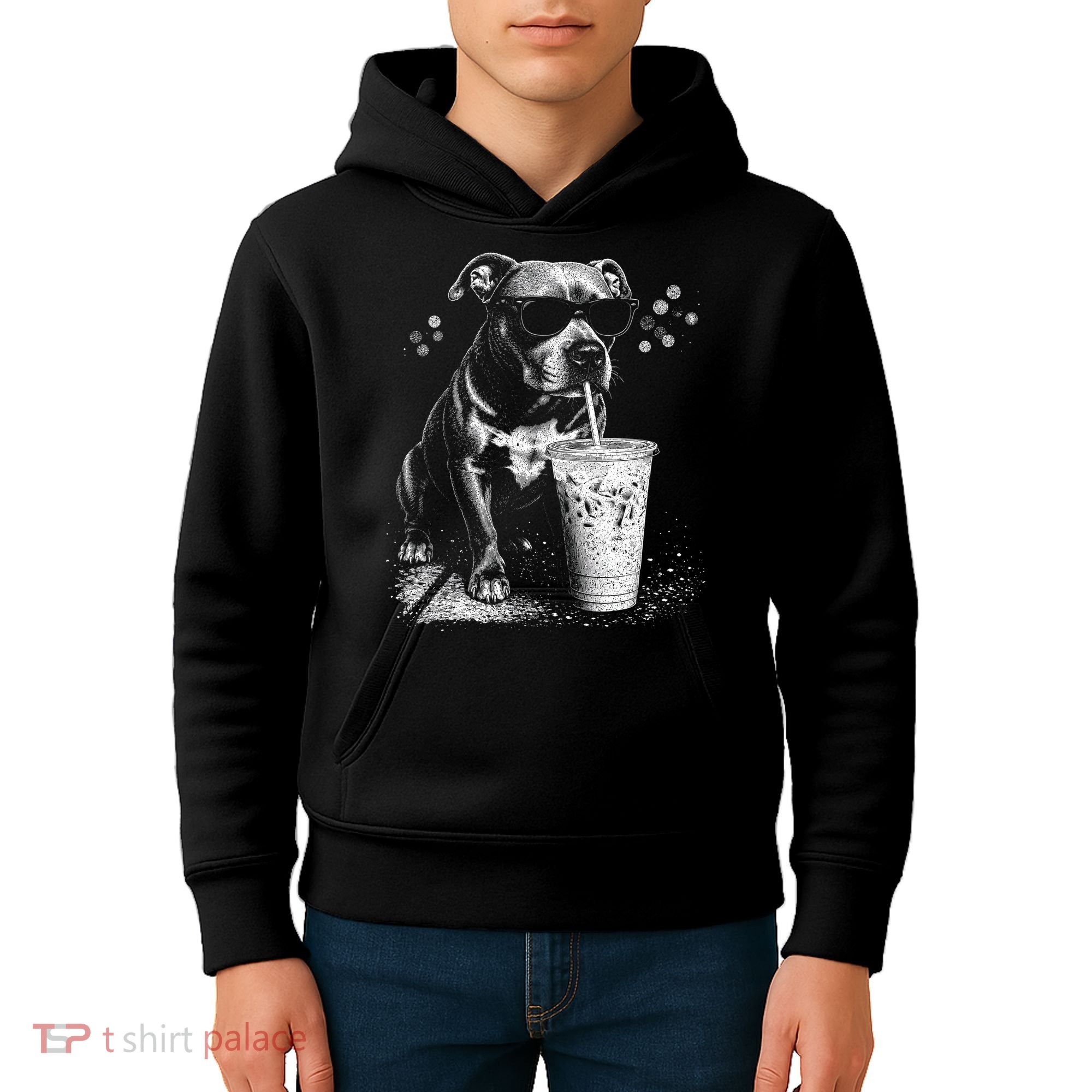 Cool Dog Sunglasses Drinking Ice Coffee Graphic Kids Hoodie