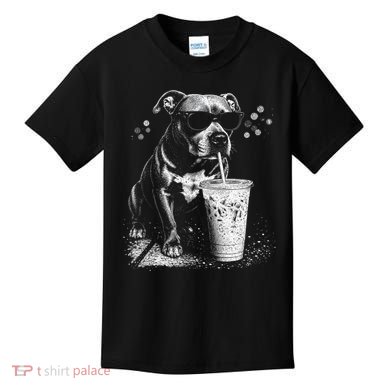 Cool Dog Sunglasses Drinking Ice Coffee Graphic Kids T-Shirt