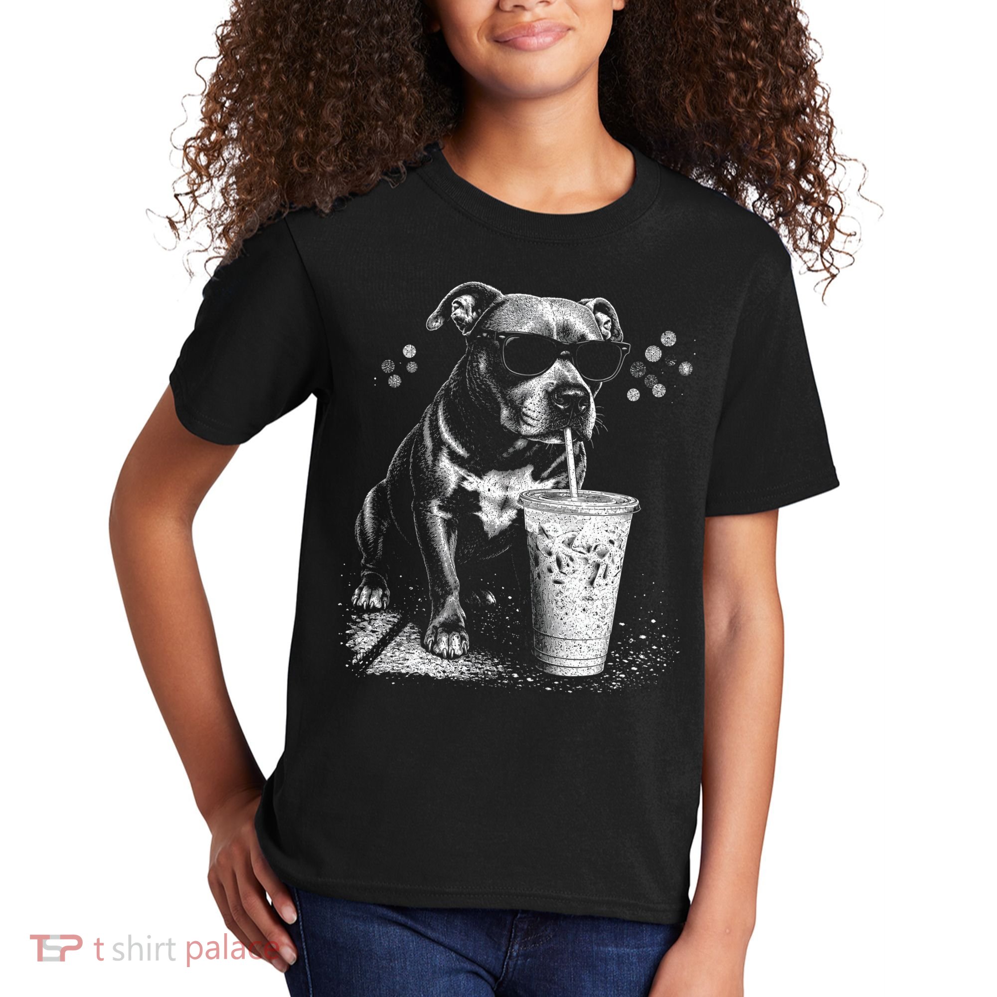 Cool Dog Sunglasses Drinking Ice Coffee Graphic Kids T-Shirt