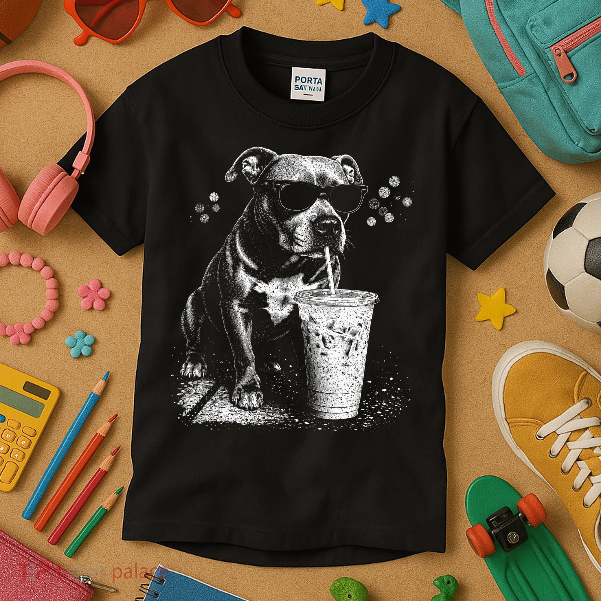 Cool Dog Sunglasses Drinking Ice Coffee Graphic Kids T-Shirt