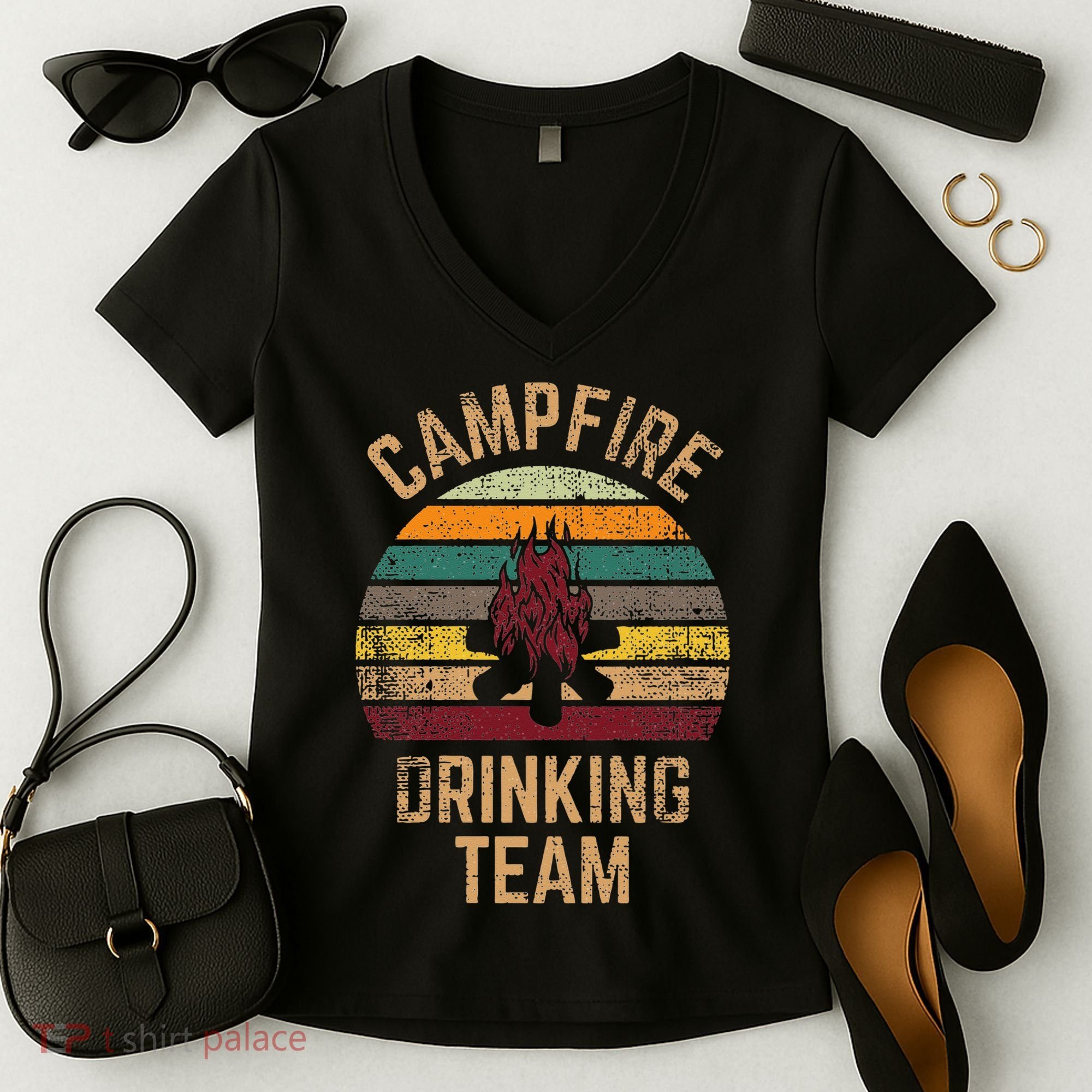 Campfire Drinking Team Beer Alcohol Funny Camping Women's V-Neck T-Shirt