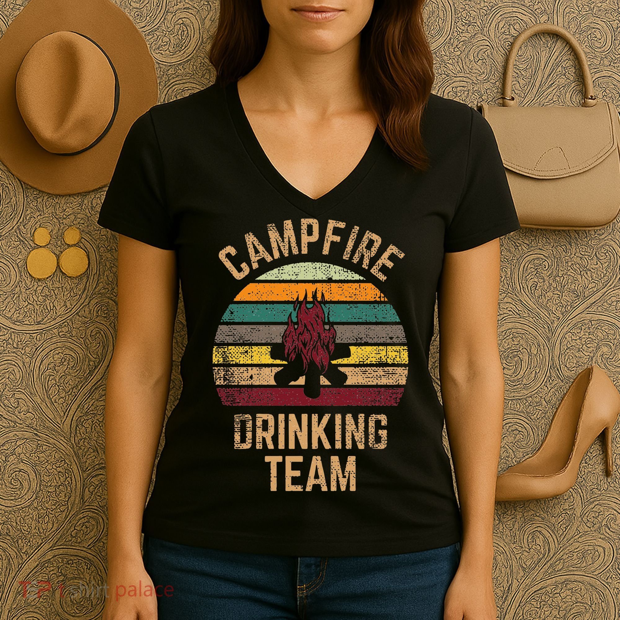 Campfire Drinking Team Beer Alcohol Funny Camping Women's V-Neck T-Shirt
