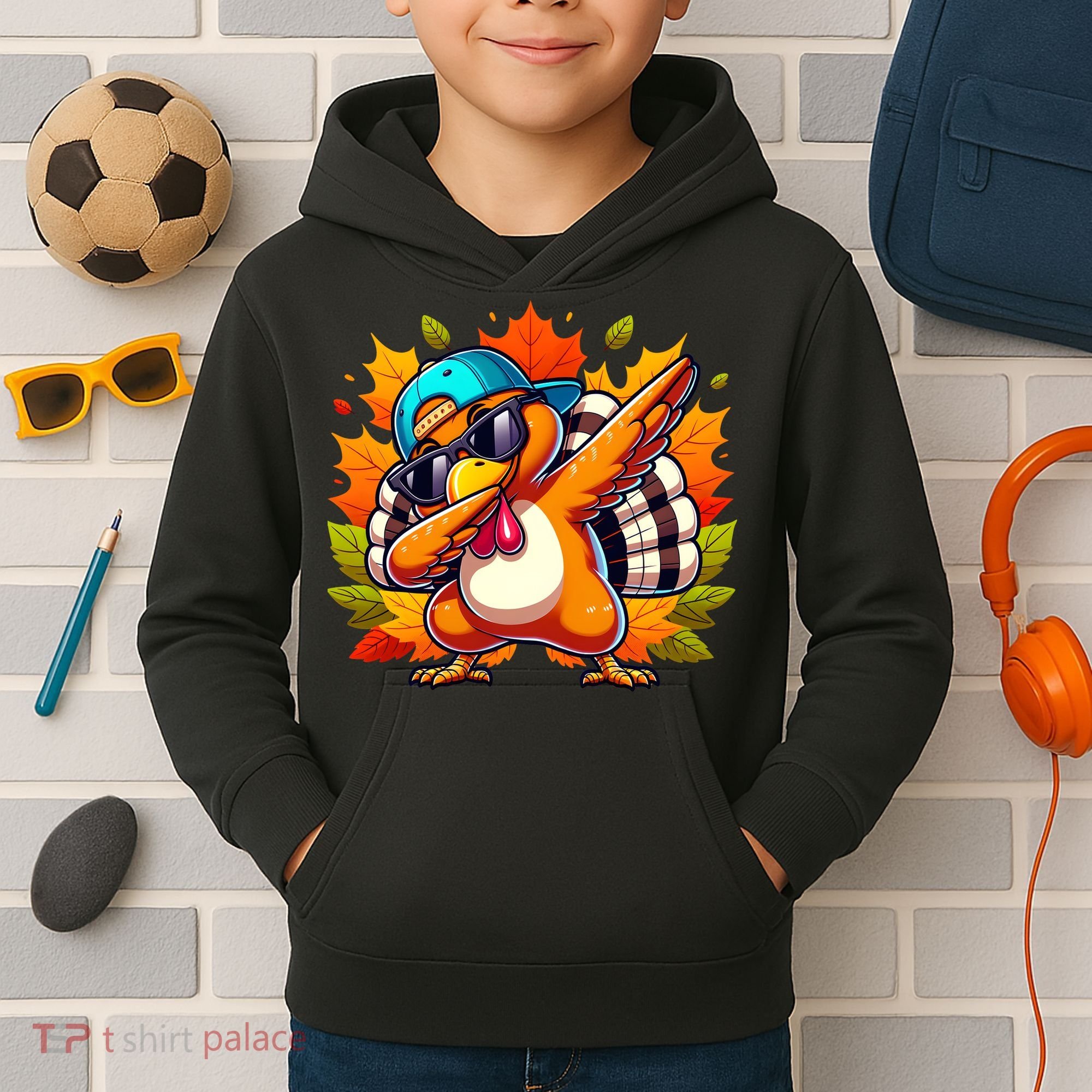 Cute Dabbing Thanksgiving Turkey Fall Vibes Kids Hoodie