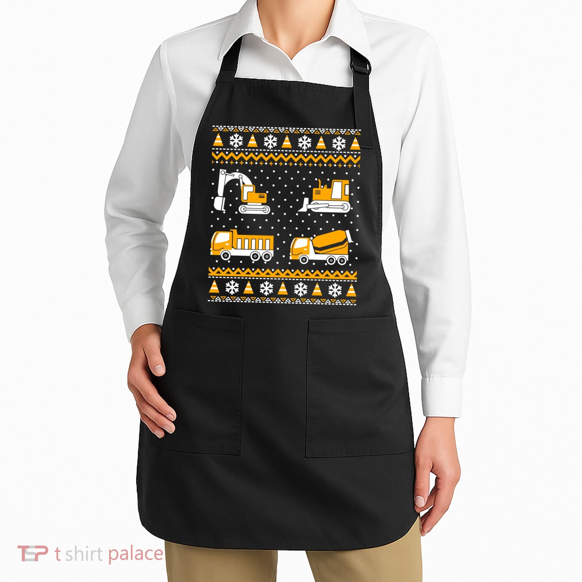 Construction Dump Trucks Bulldozer Ugly Christmas Sweater Apron