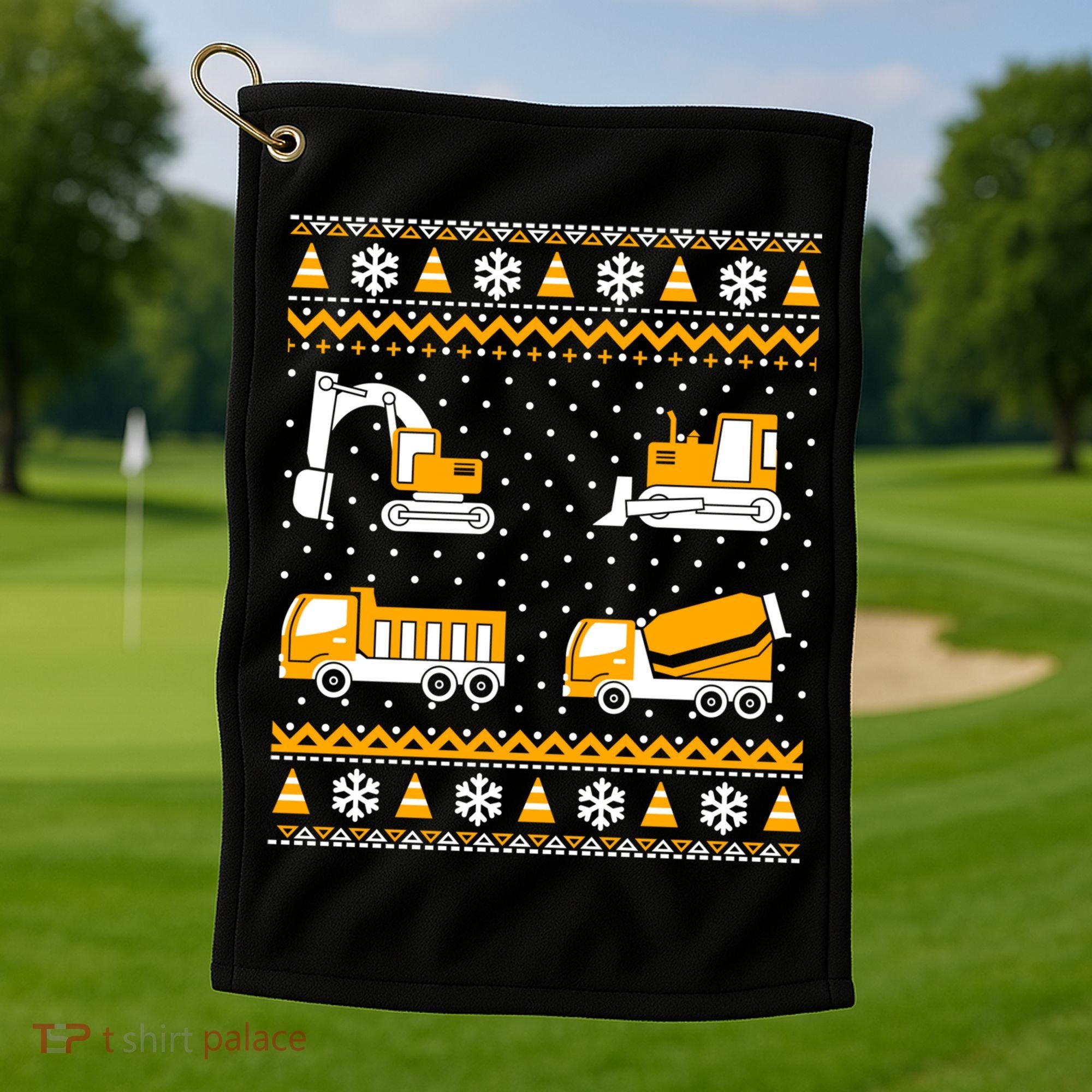 Construction Dump Trucks Bulldozer Ugly Christmas Sweater Golf Towel