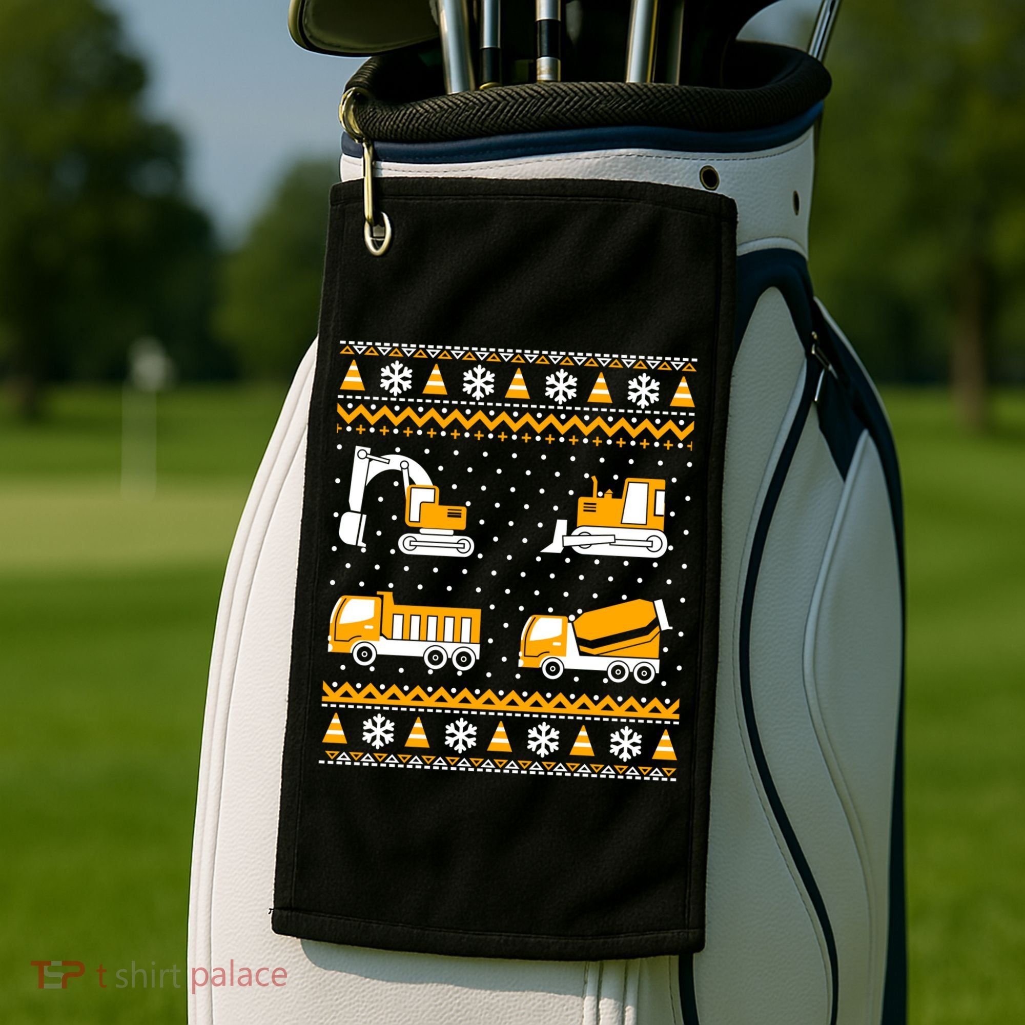 Construction Dump Trucks Bulldozer Ugly Christmas Sweater Golf Towel