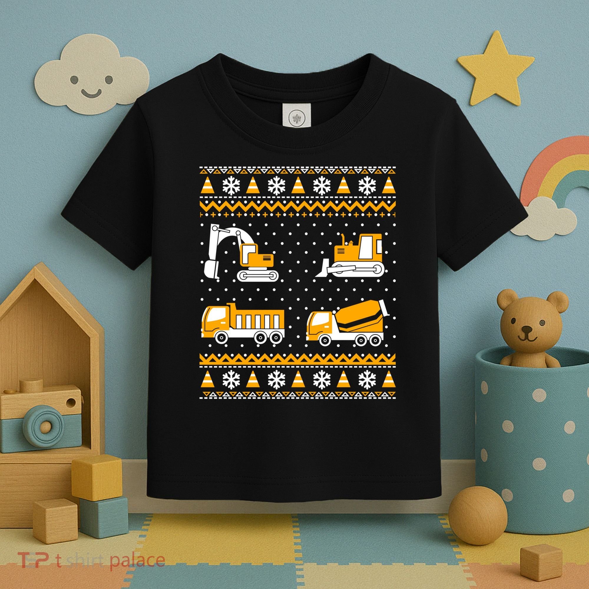 Construction Dump Trucks Bulldozer Ugly Christmas Sweater Toddler T-Shirt