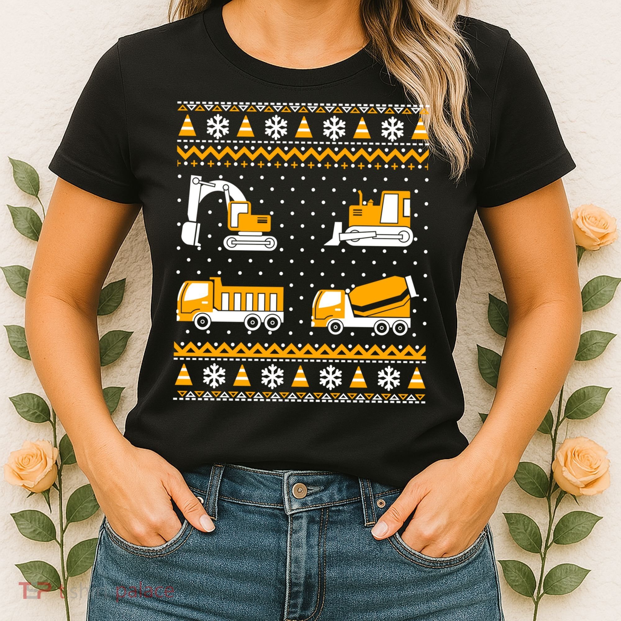 Construction Dump Trucks Bulldozer Ugly Christmas Sweater Women's T-Shirt