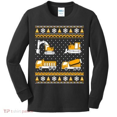 Construction Dump Trucks Bulldozer Ugly Christmas Sweater Kids Long Sleeve Shirt